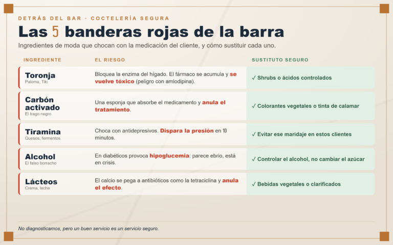 Tabla de las 5 banderas rojas de la coctelería: toronja, carbón activado, tiramina, alcohol y lácteos, con su riesgo y sustituto seguro